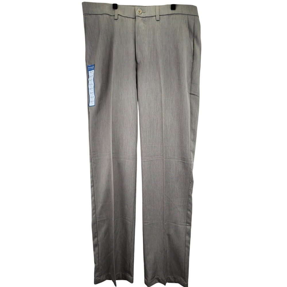 Haggar Mens 34W x 34L Straight Fit Performance Slacks Flat Front Khaki